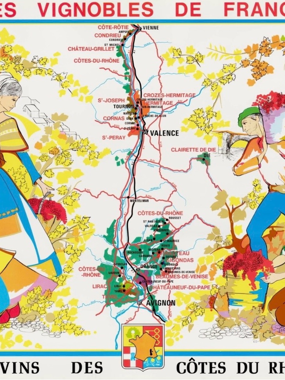 1970’s Vintage Wine Map Poster Les Vignobles de France, Vins des Côtes du Rhône